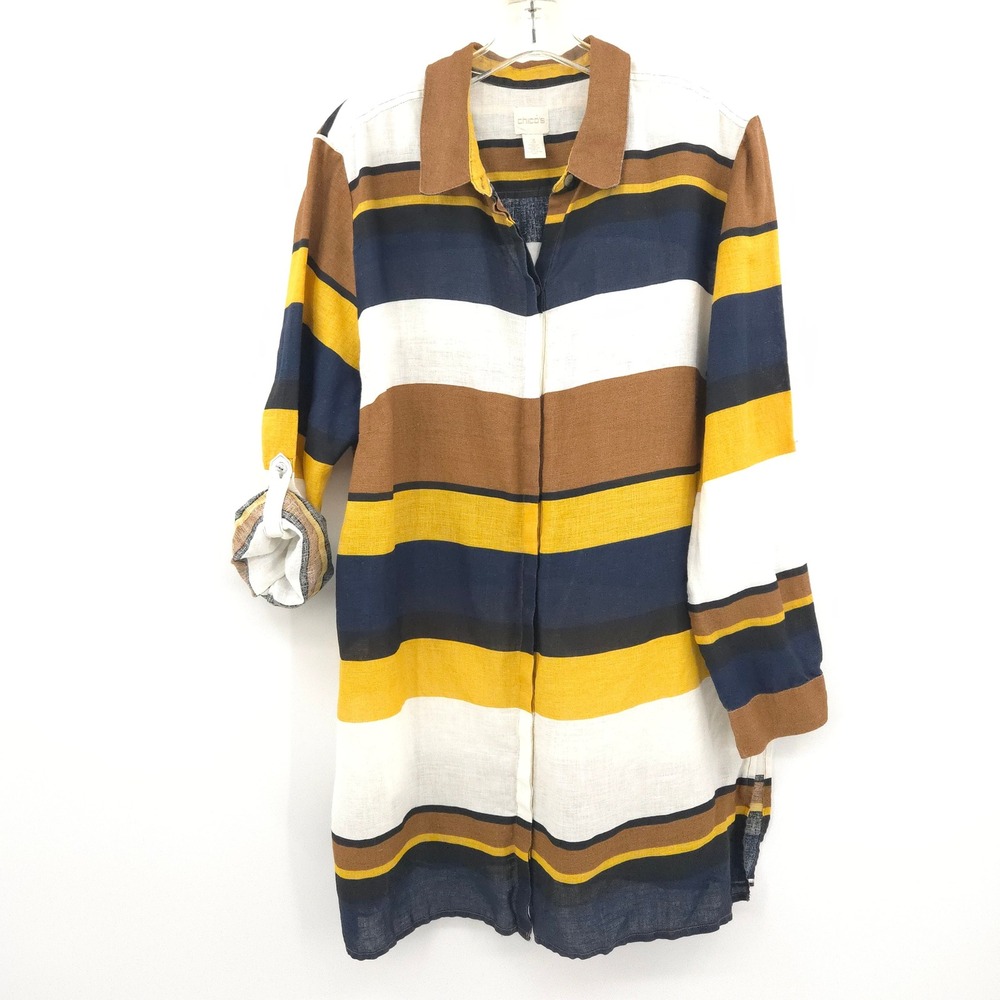 Chico's 100% Linen Button Down Tunic Women 3 (XL) Multicolor Striped long sleeve